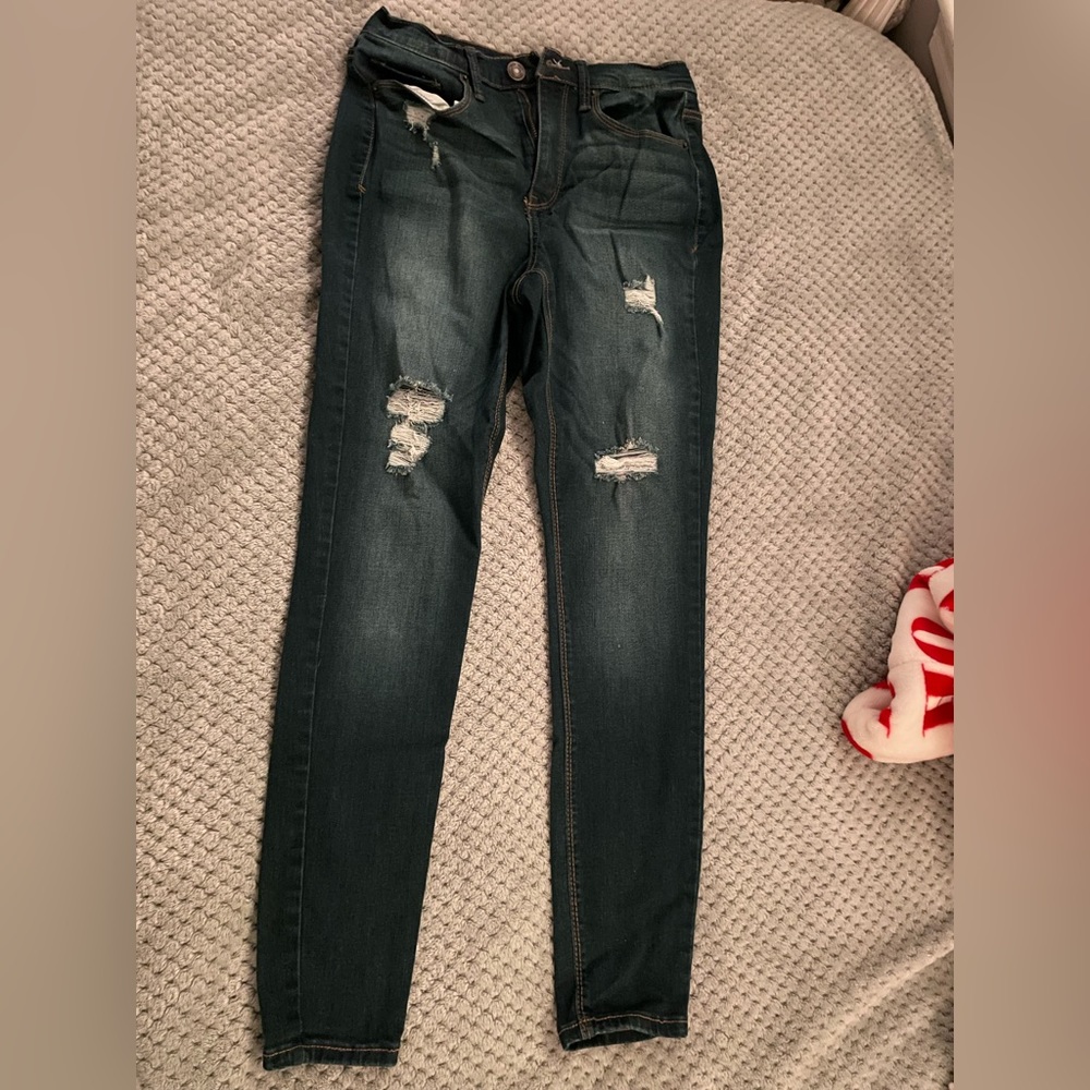 dark wash, ripped jeans